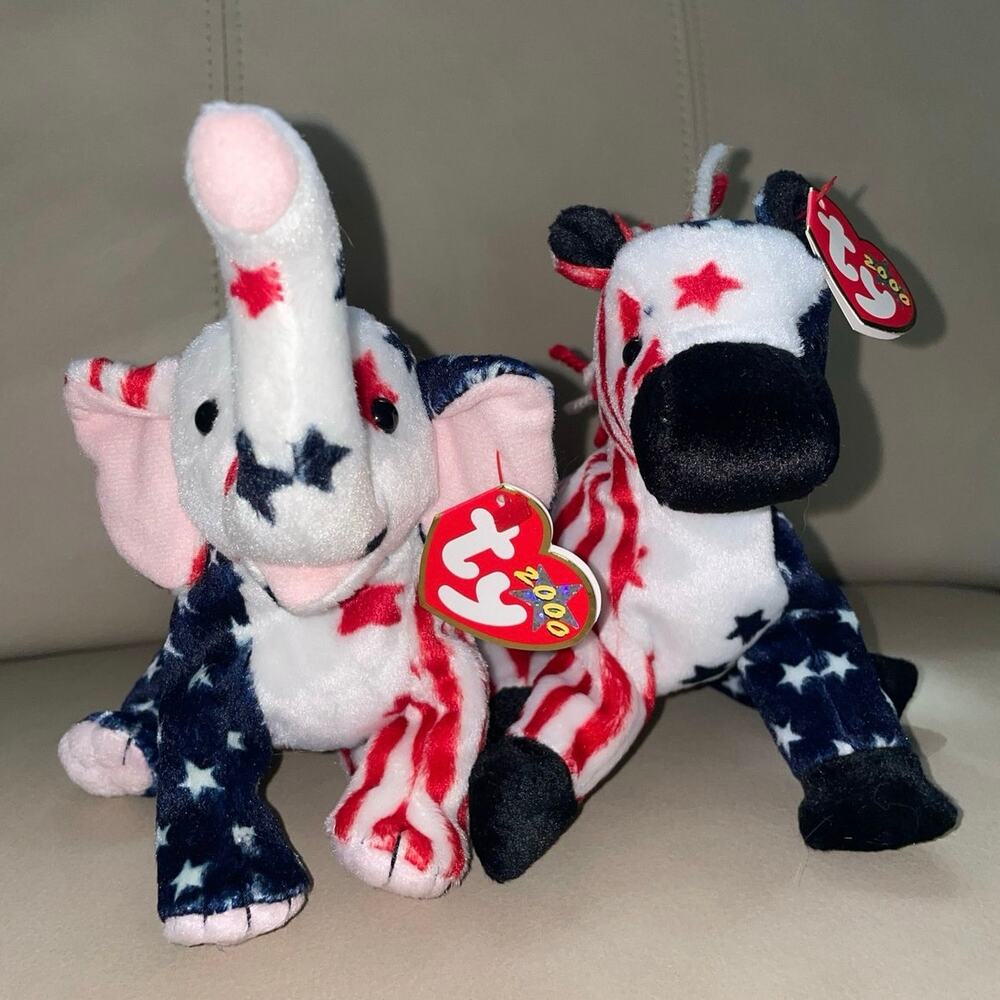 Ty Beanie Babies Lefty Righty 2000 American Flag Set Patriotic Lot America 250
